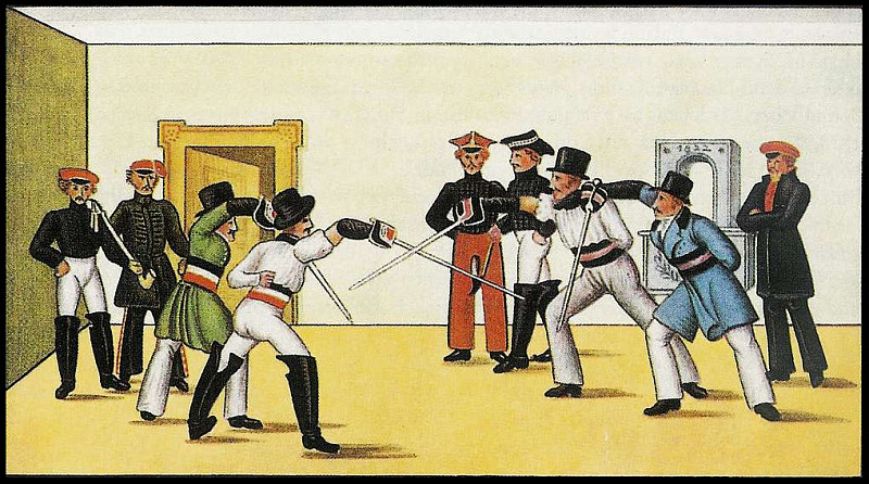Tübinger Mensur, ein Mitglied des Corps Suevia (links) gegen einen Burschenschafter (rechts), Stammbuchblatt 1822